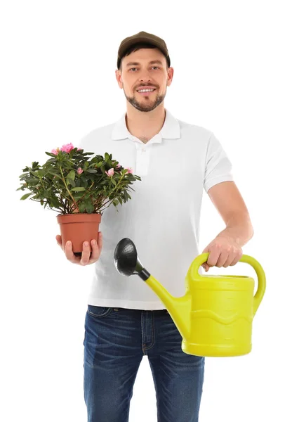 Erkek çiçekçi çiçek buketi ile — Stok fotoğraf