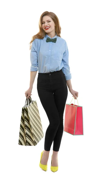 Mulher bonita com sacos de papel — Fotografia de Stock