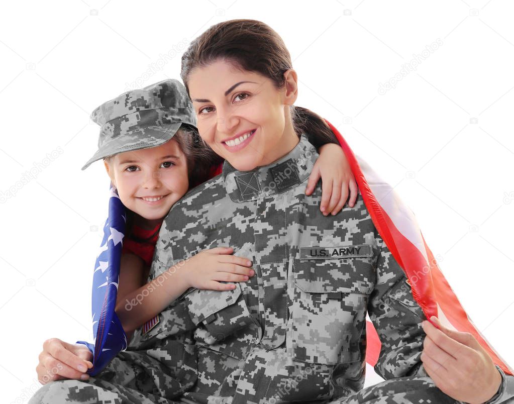 Mother in army uniform with daughter isolated on white