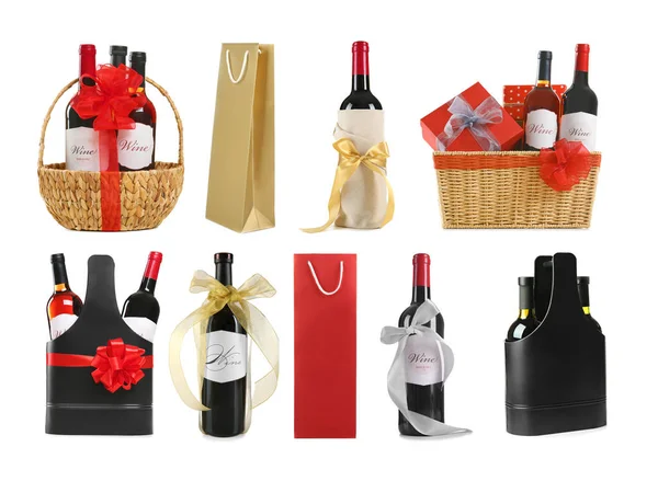 Presentes de vinho com decoração festiva — Fotografia de Stock