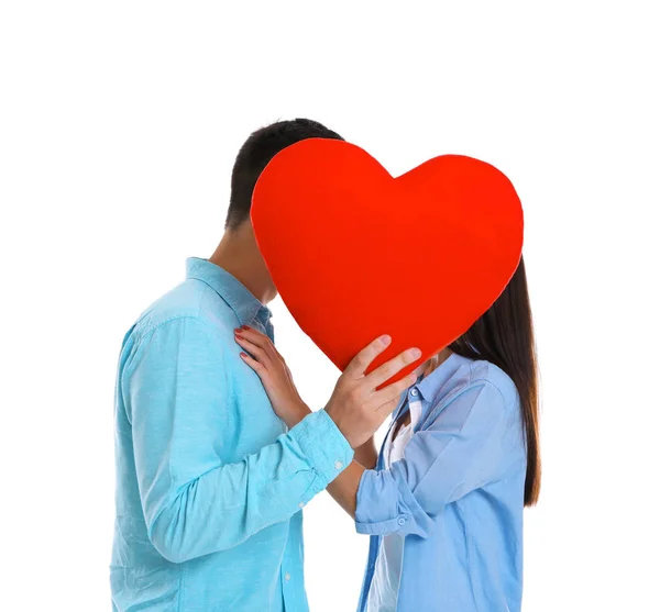 Happy couple with red heart — Stock Photo, Image