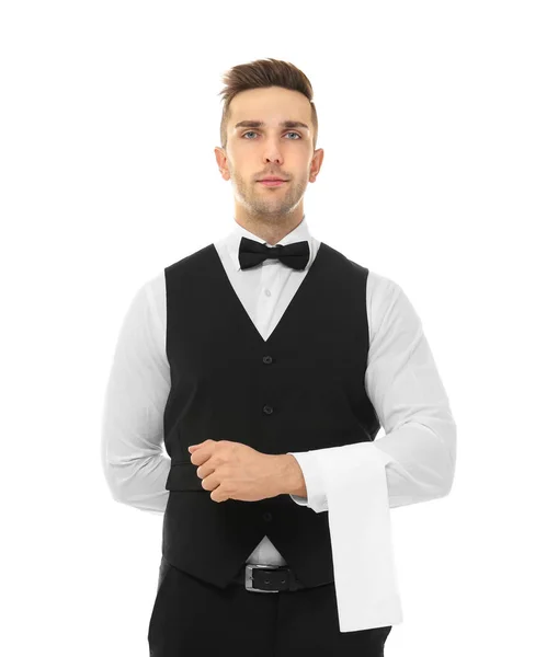 Handsome young waiter with towel — Stock Photo, Image