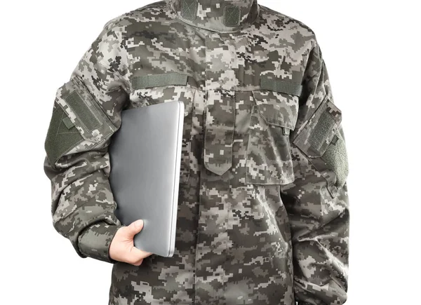 Soldier with laptop on white — Stock Photo, Image