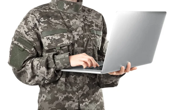 Soldier with laptop on white — Stock Photo, Image