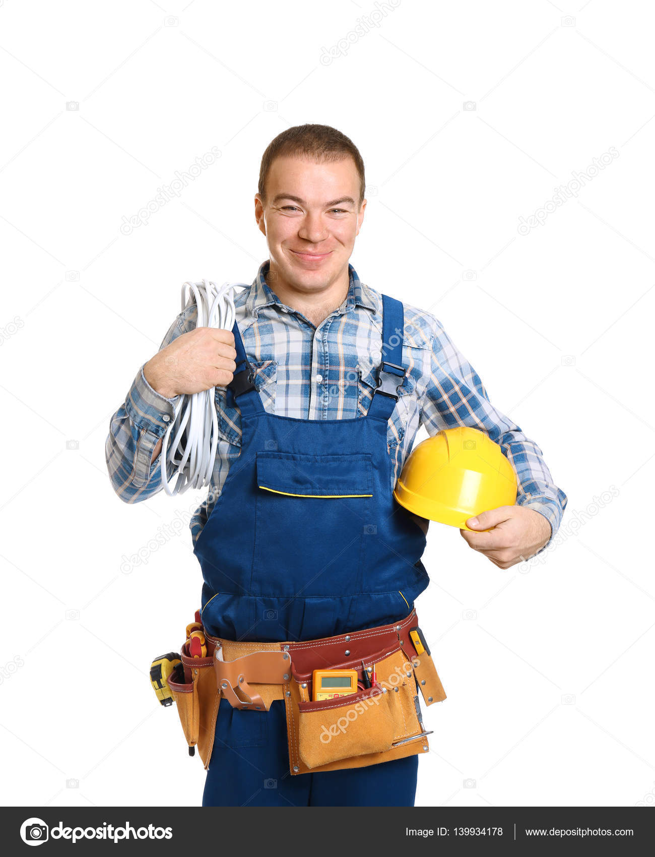 Electrician with special tools on white background — Stock Photo