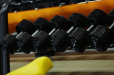 Spor salonunda farklı dumbbells ile raf