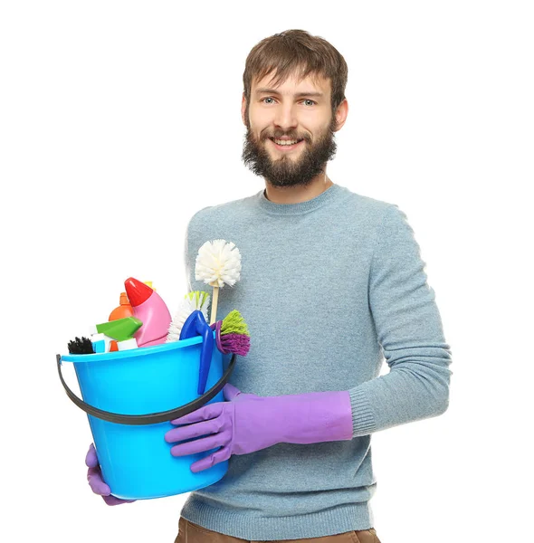 Fiatal férfi tisztítószerek — Stock Fotó