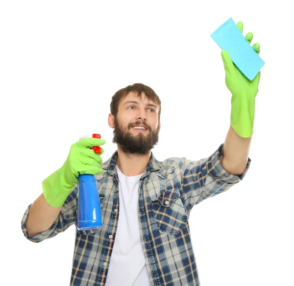 Jovem com guardanapo e detergente — Fotografia de Stock