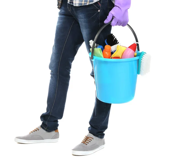 Man holding bucket with cleaning equipment — Stock Photo, Image