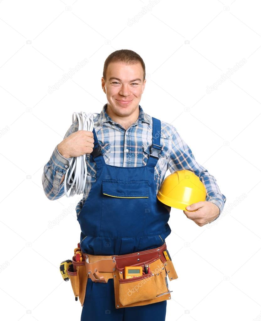 Electrician with special tools on white background — Stock Photo