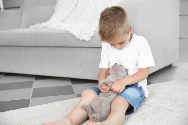 Маленький мальчик с котенком — стоковое фото