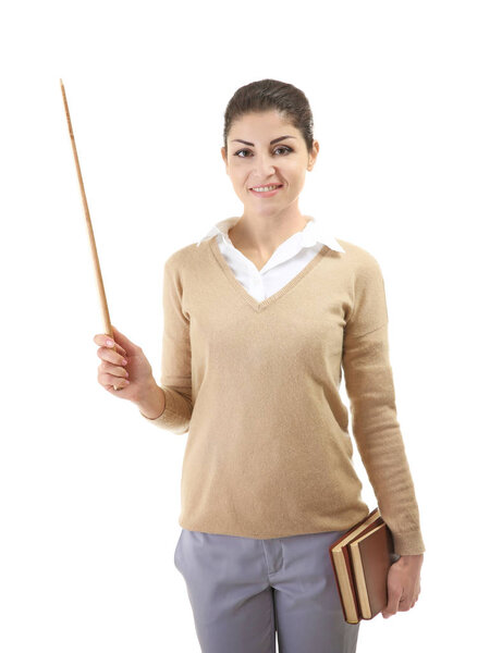 Young teacher on white  