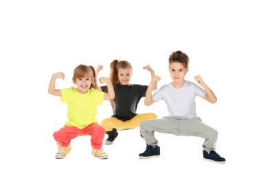 Cute funny children dancing on white background clipart