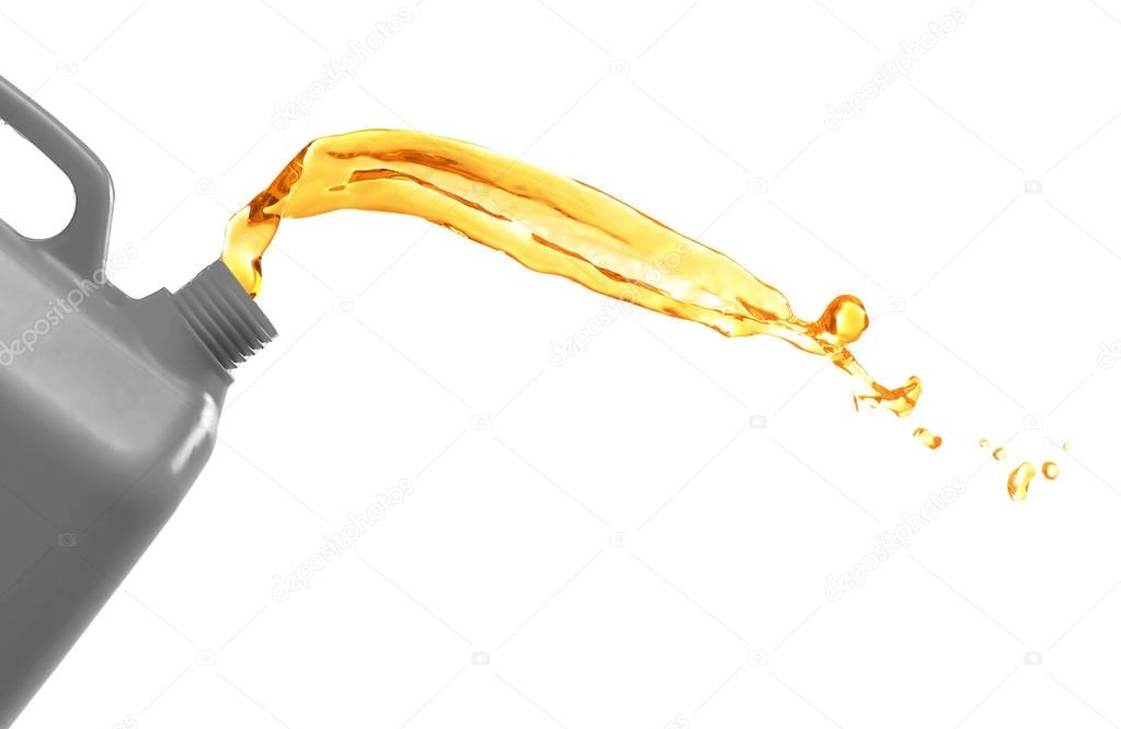 Plastic canister and oil splash on white background