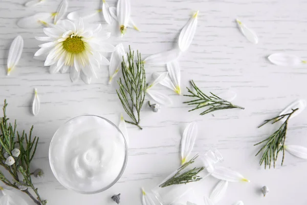 Nourishing cream, thuja branches and chamomile petals o — Stock Photo, Image