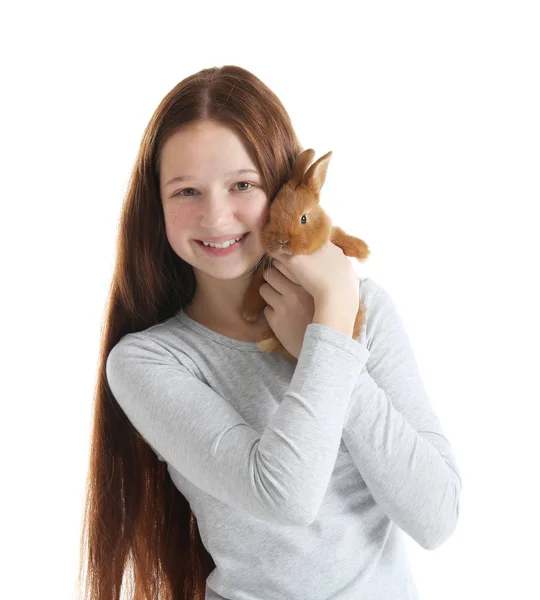 Cute girl holding rabbit — Stock Photo, Image