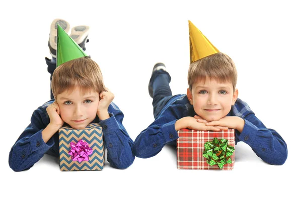 Cute birthday boys with presents — Stock Photo, Image