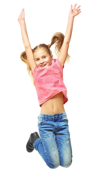 Emocional niña saltando sobre fondo blanco — Foto de Stock