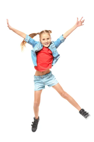 Emocional niña saltando sobre fondo blanco — Foto de Stock