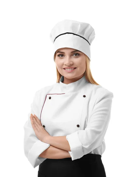 Portrait de jeune femme chef isolée sur fond blanc — Photo