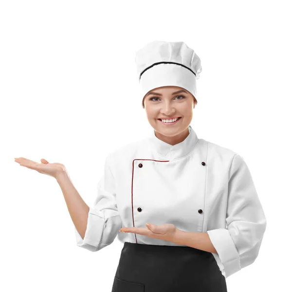 Portrait of young woman chef isolated on white background — Stock Photo, Image