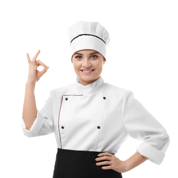 Portrait de jeune femme chef isolée sur fond blanc — Photo