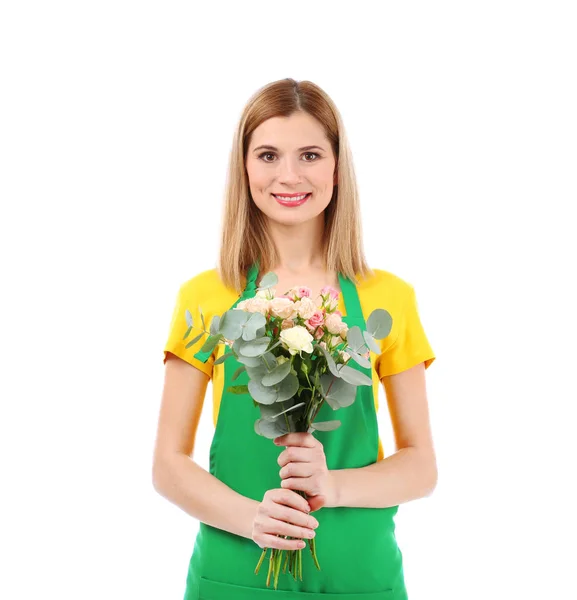 Mulher florista segurando buquê — Fotografia de Stock