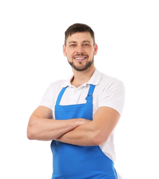 Hombre guapo en delantal azul — Foto de Stock