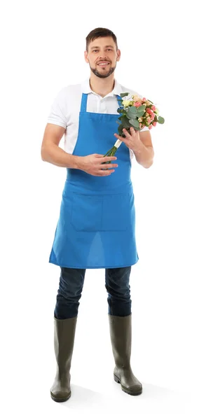 Florista masculino segurando buquê de flores — Fotografia de Stock