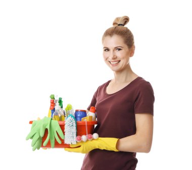 Pretty woman with cleaning supplies clipart