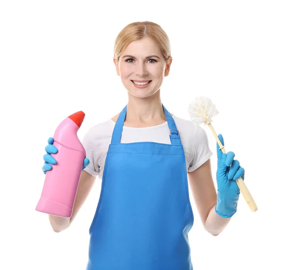 Mujer con cepillo y botella de detergente — Foto de Stock
