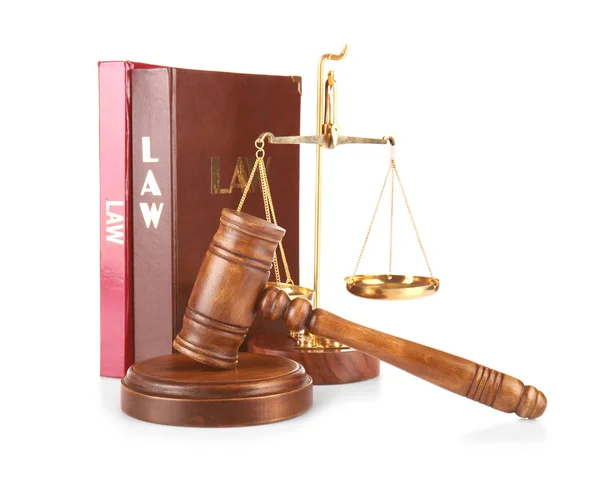 Judge gavel, scales and books — Stock Photo, Image