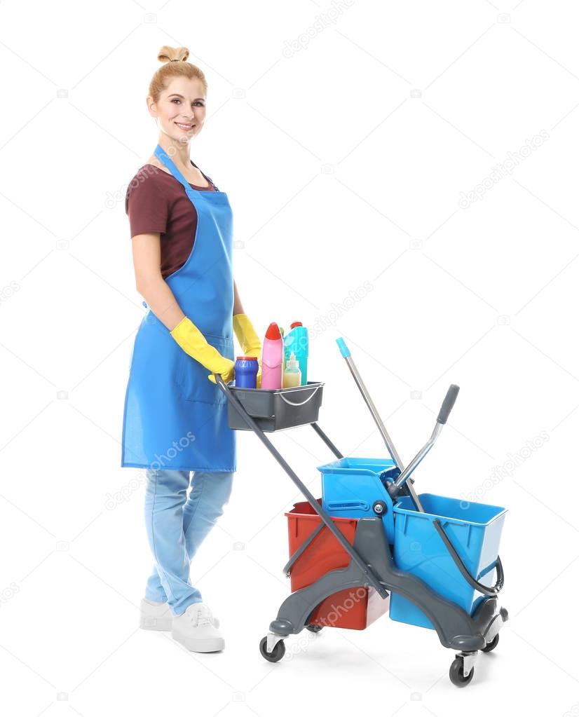 Pretty woman with cleaning supplies