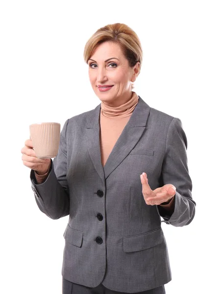 Çay tutan üst düzey kadın — Stok fotoğraf