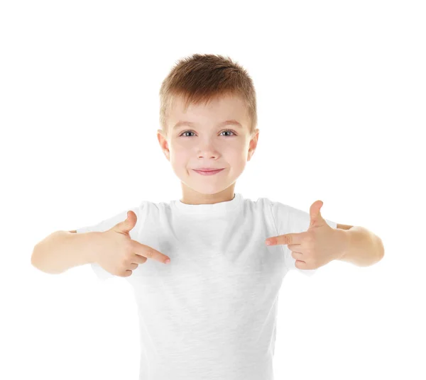 Roztomilý chlapec v košili na bílém — Stock fotografie