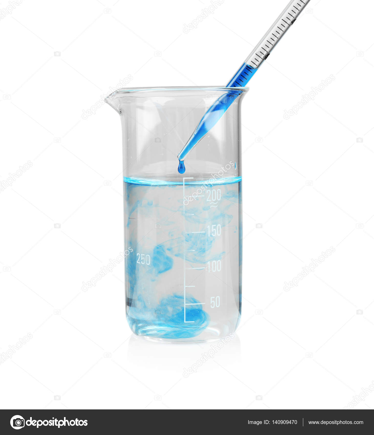 Beaker with color water and glass pipette Stock Photo by ©belchonock