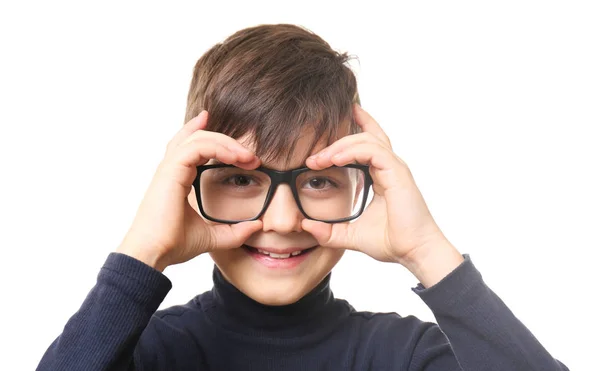 Garçon Mignon Dans Des Lunettes Sur Fond Blanc — Photo