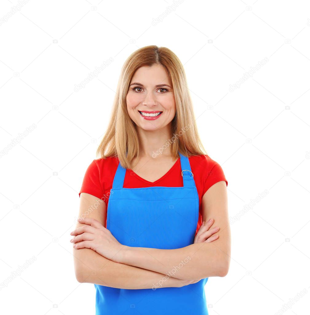 Beautiful woman in blue apron