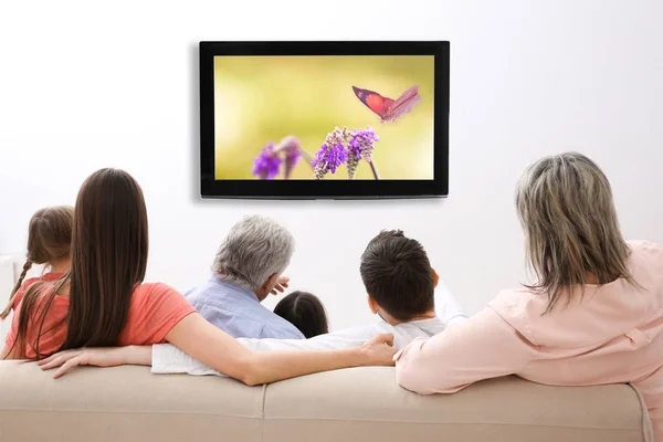 Family watching television at home. Leisure and entertainment concept.