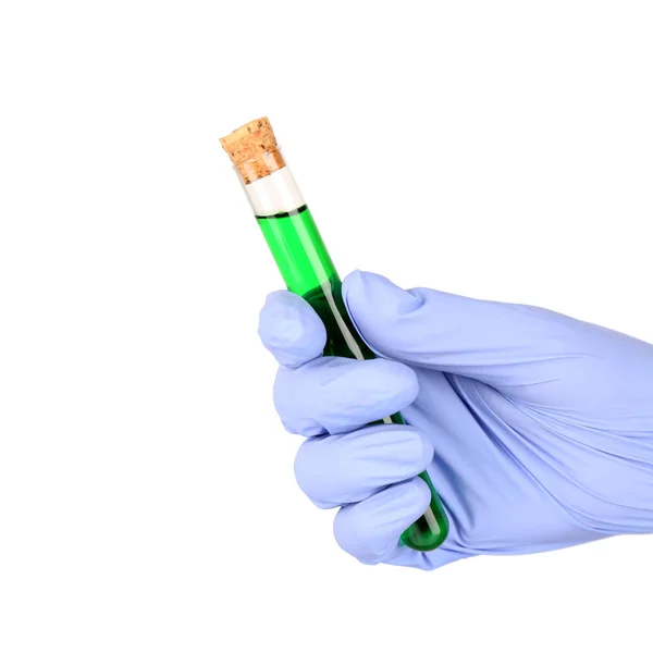 Hand in glove holding test tube — Stock Photo, Image