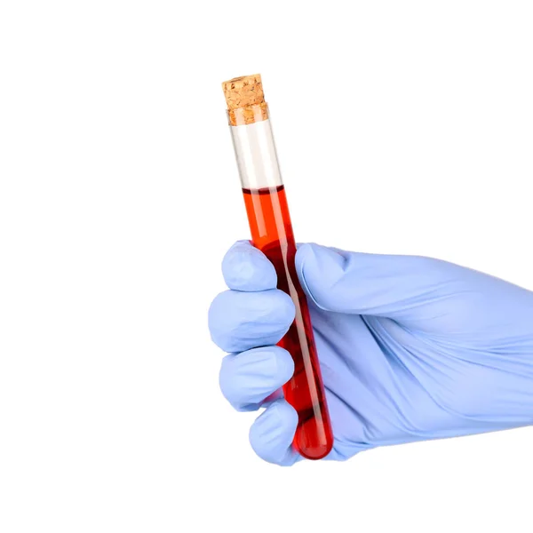 Hand in glove holding test tube — Stock Photo, Image