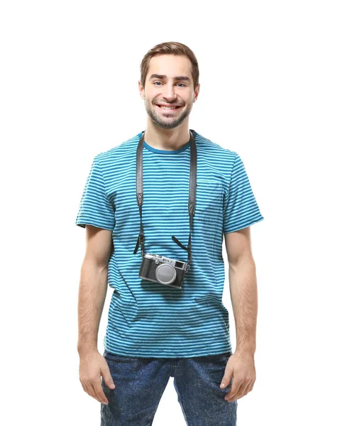 Hombre viajero con cámara sobre fondo blanco — Foto de Stock