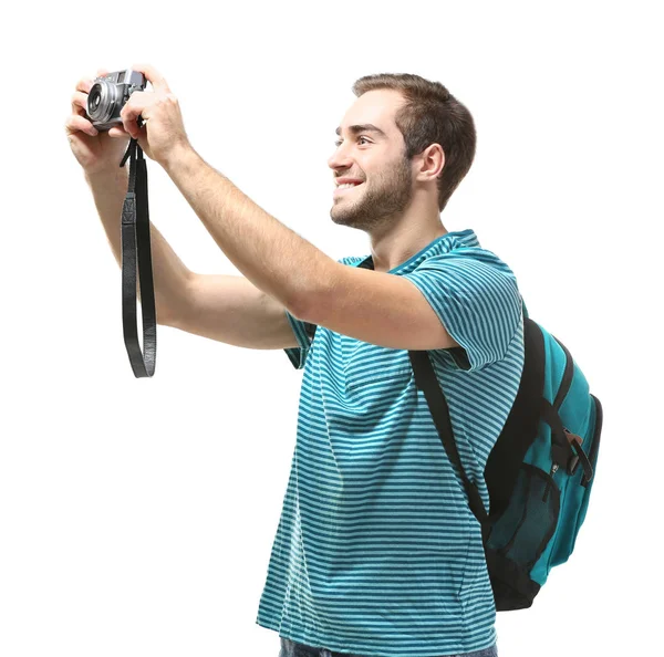 Hombre viajero con cámara sobre fondo blanco — Foto de Stock