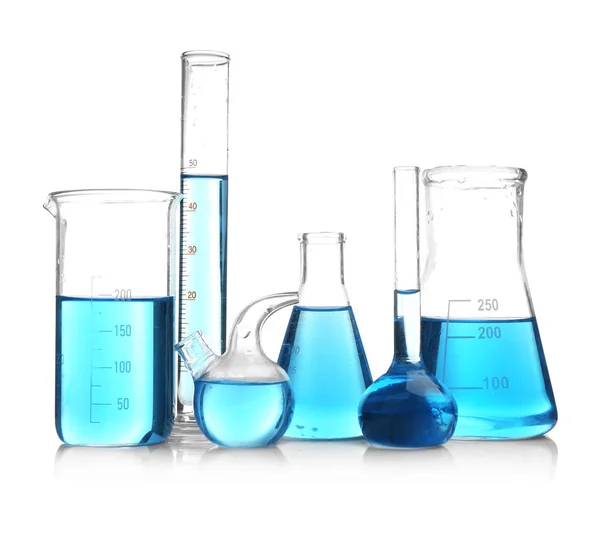 Laboratory glassware with blue samples — Stock Photo, Image