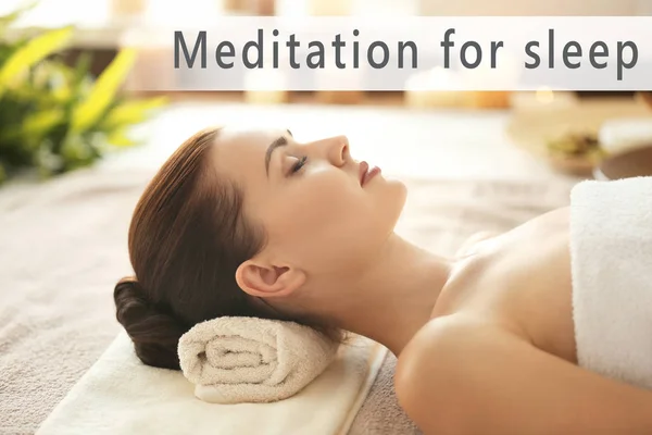 Concept of music for sleep and meditation. Young woman relaxing at spa salon