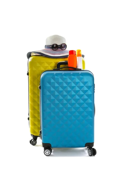 Modern suitcase with beach set isolated on white — Stock Photo, Image