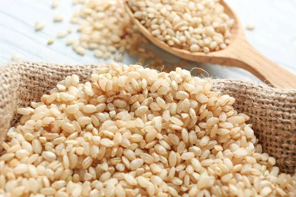 Saco cheio de arroz, close-up — Fotografia de Stock