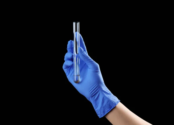 Mão feminina em luva azul segurando tubo de teste com planta em fundo preto — Fotografia de Stock