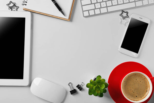 workplace with cup of coffee