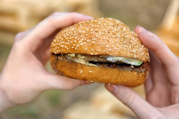 Hands holding tasty burger
